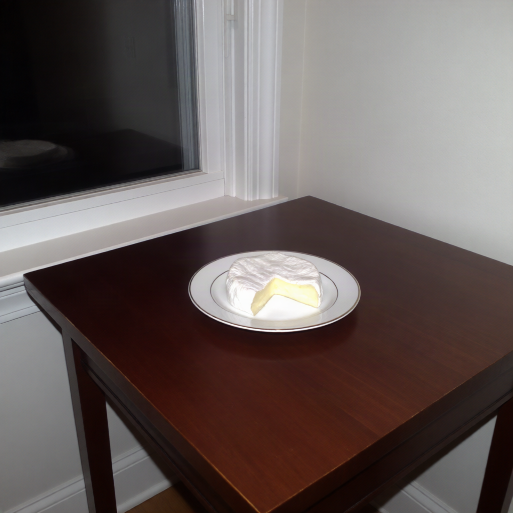 A wheel of Brie cheese on a white plate with a single wedge cut out, resting on a dark wooden table beside a window.