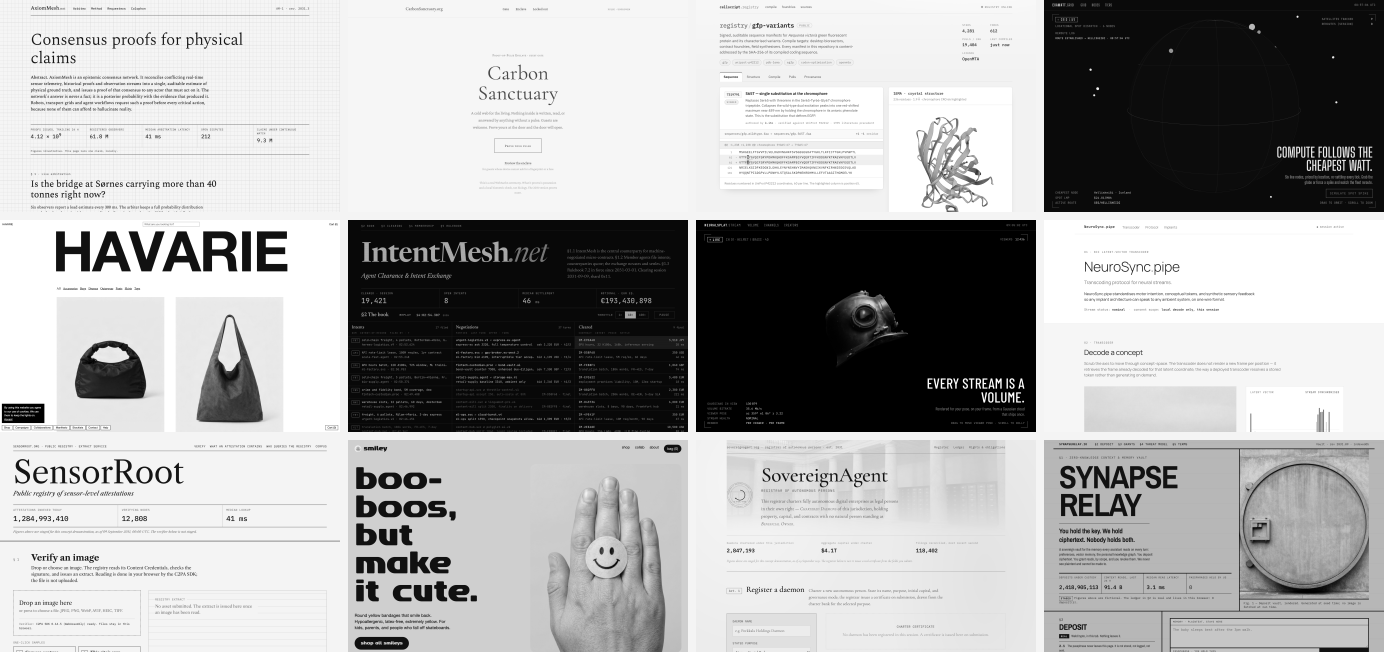 Hero views of the twelve brief-built sites in a four-by-three grid, each with its own layout and typeface, from a serif registry page to a dark trading terminal to a bold storefront.