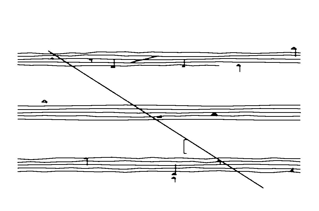 A ruined score from the pipeline: three drifting five-line systems with scattered noteheads and stems, and one diagonal collision line cutting down through all three.